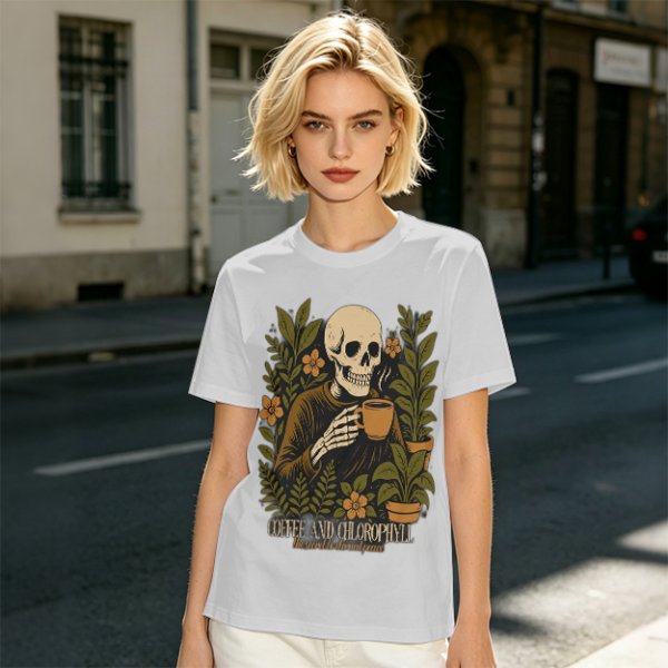 Skeleton with Coffee and Plants T-Shirt Graphic