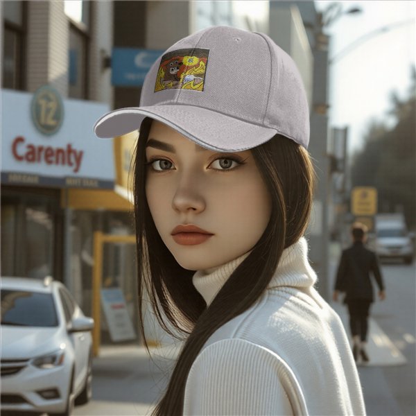 Black baseball cap with cartoon bear costume character in fiery cave print