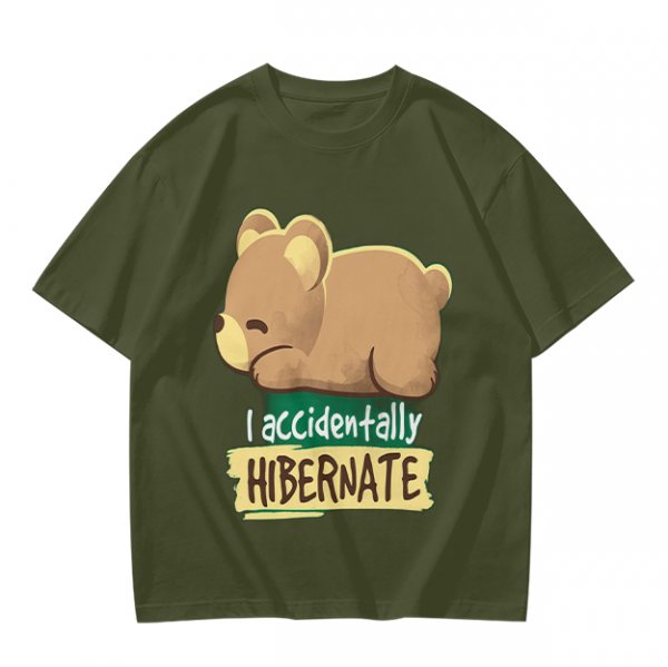 Olive t-shirt with sleeping bear and 'I accidentally hibernate' text