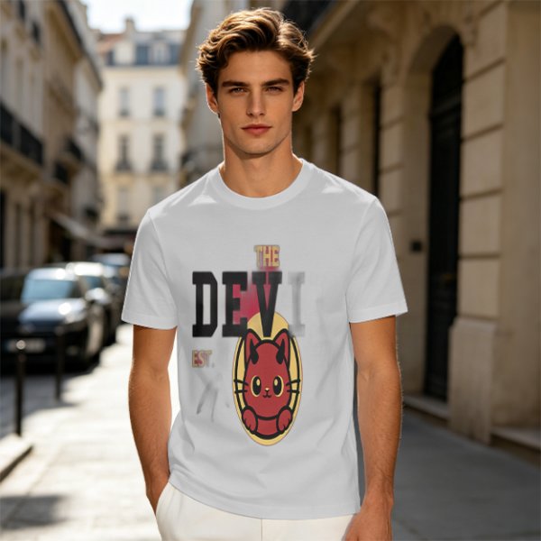Olive T-Shirt with Red Devil Cat Graphic and The Dev Print