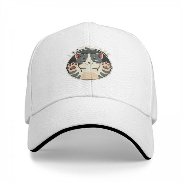 Black baseball cap with 'I DON'T CARE' and relaxed cat graphic