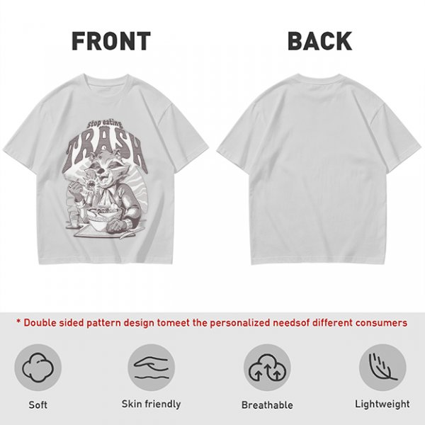 Olive graphic t-shirt with raccoon eating and 'Stop eating TRASH' print
