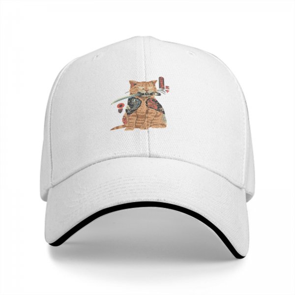Black Baseball Cap With Tattooed Samurai Cat Holding Katana