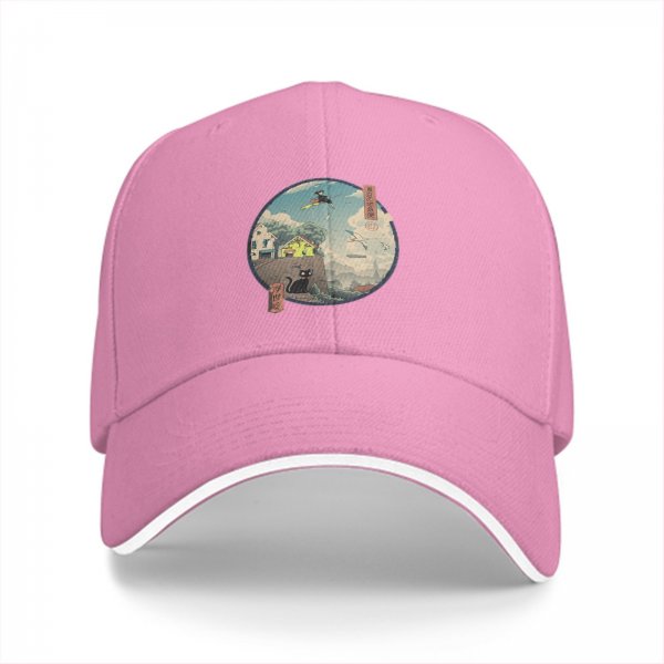 Black baseball cap with witch and black cat fantasy town print