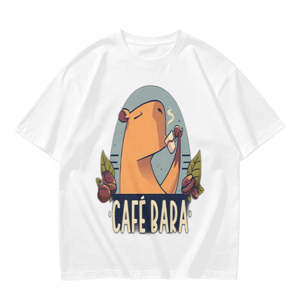 Olive t-shirt with capybara drinking coffee graphic
