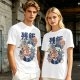 Olive green graphic t-shirt with raccoon eating ramen print