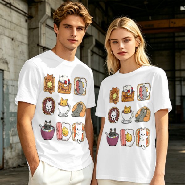 Olive T-Shirt With Cute Breakfast Cat Graphic Print