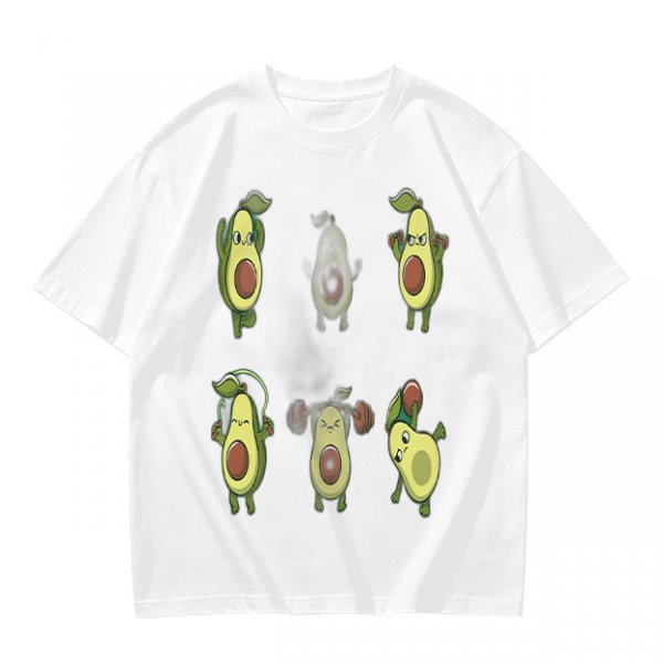 Olive Green T-Shirt with Cartoon Avocado Fitness Characters Print