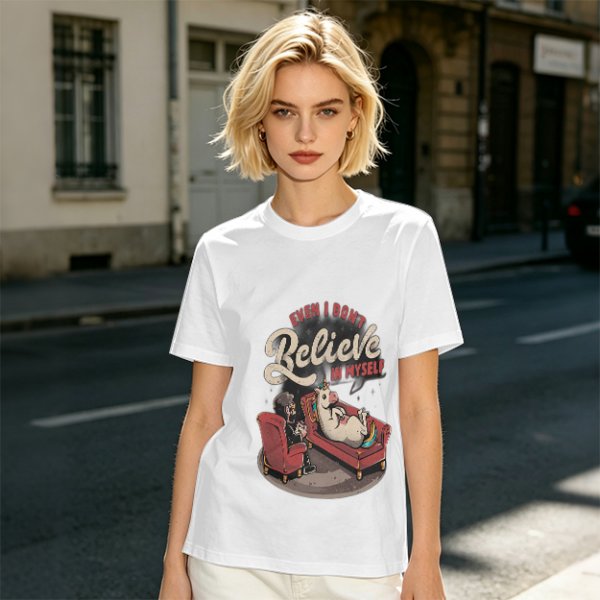 Olive graphic t-shirt with unicorn therapy and 'Even I Don't Believe In Myself' text