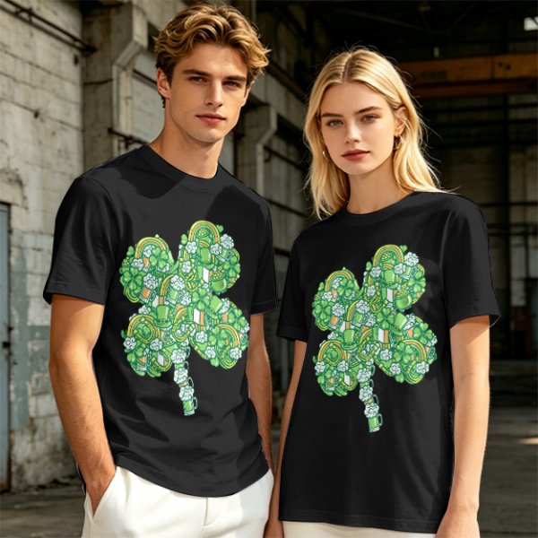 Olive Green T-Shirt With St. Patrick's Day Four-Leaf Clover Art