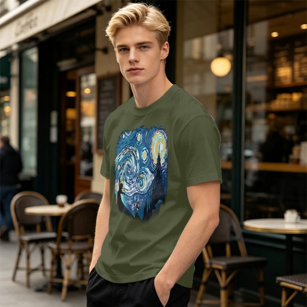 Olive T-Shirt with Starry Night Art Print