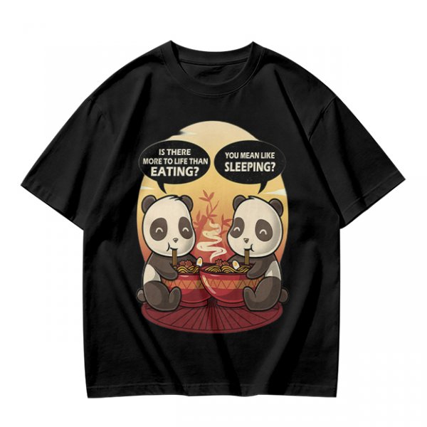 Olive t-shirt with pandas debating life beyond eating and sleeping