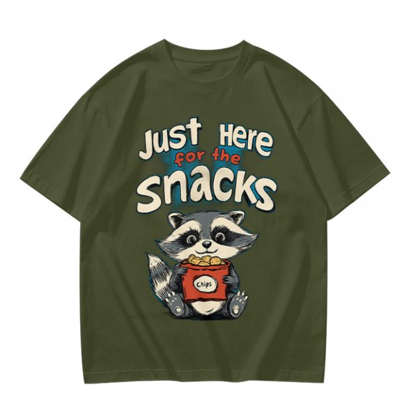 Olive green t-shirt with 'Just Here for the Snacks' and raccoon graphic