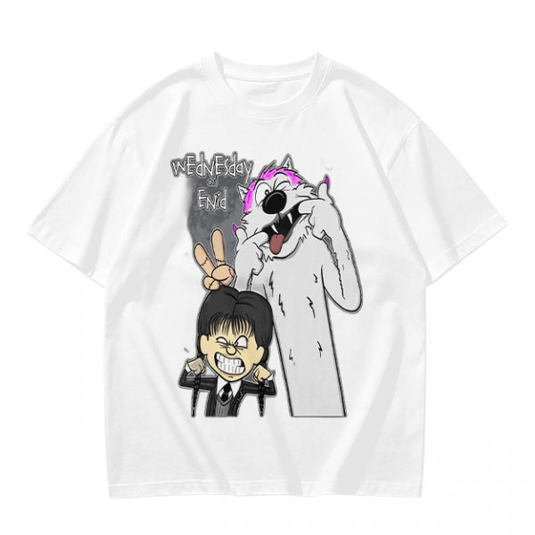 Olive graphic tee with Wednesday and Enid cartoon wolf design