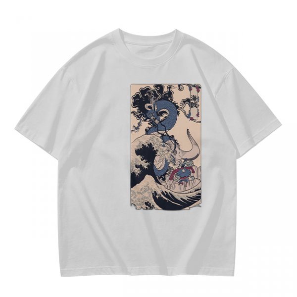 Olive T-Shirt with Japanese Ukiyo-e Dragon and Wave Print