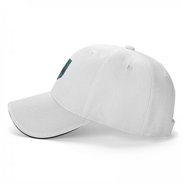 Black baseball cap with teal snake and text graphic