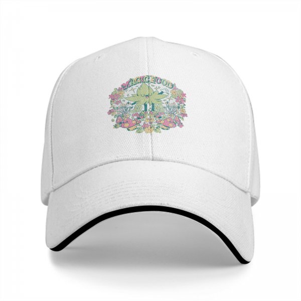 Black baseball cap with whimsical magical plant and mushroom graphic