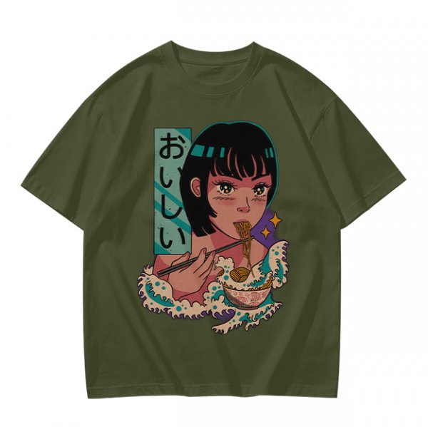 Olive anime graphic t-shirt with girl eating ramen and Japanese text