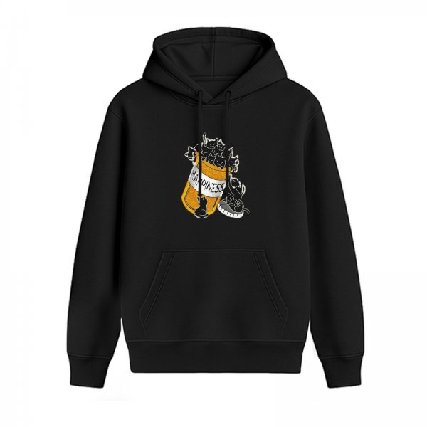 Black hoodie with happiness pill bottle and playful cats graphic