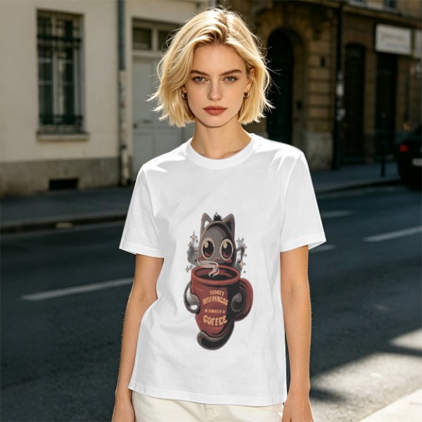 Olive t-shirt with a cartoon cat and coffee cup graphic