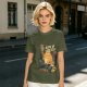Olive t-shirt with vintage comic style 'I Blew Up The Cat!' print