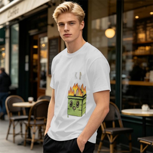 Olive Green T-Shirt With Cartoon Burning Dumpster Graphic
