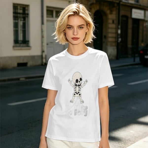 Olive green t-shirt with cute cartoon skeleton graphic