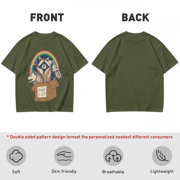 Olive T-Shirt With Raccoon Opossum Adopt A Cat Rainbow Print