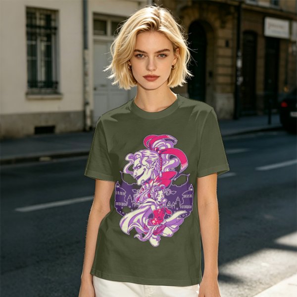 Olive Green T-Shirt With Fantasy Character Graphic Print