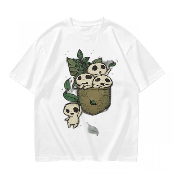 Olive T-shirt with Kodama Tree Spirits in Pocket and Leaves Print