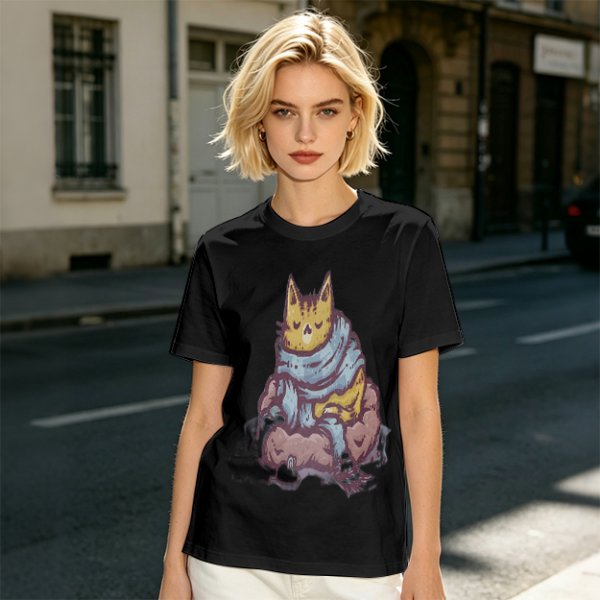 Olive T-Shirt With Meditating Cat Graphic Print