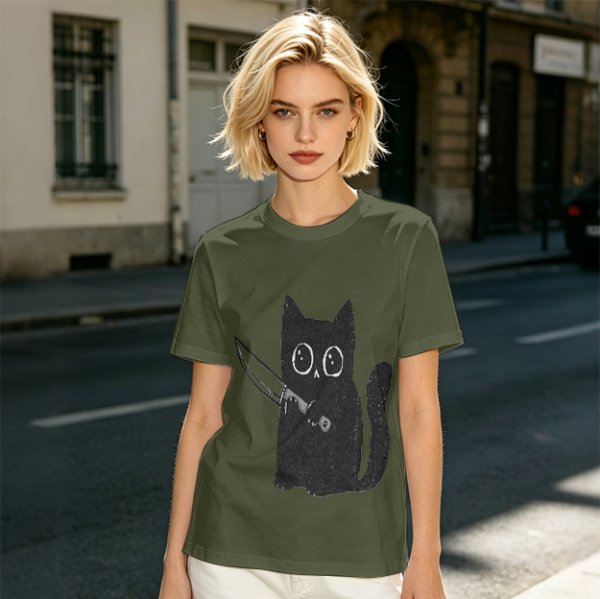 Olive T-Shirt With Cute Black Cat Holding Knife Graphic