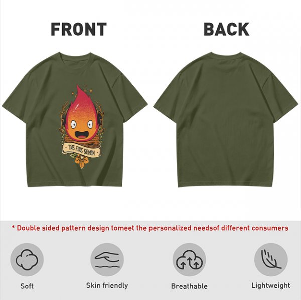 Olive T-Shirt Featuring Calcifer The Fire Demon Artwork