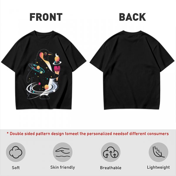Olive T-Shirt With Cosmic Penguin And Ice Cream Print