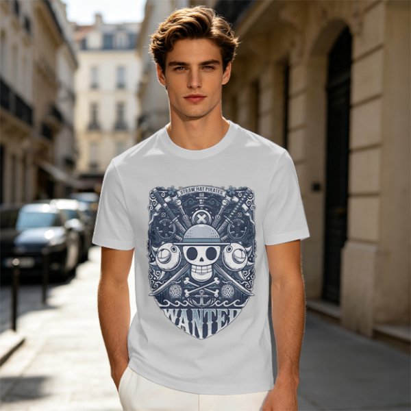 Olive T-shirt with Straw Hat Pirates Wanted Pirate Emblem Print