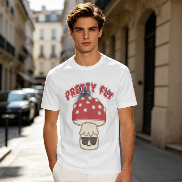 Olive green graphic t-shirt with 'Pretty Fly' and cool mushroom print