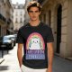 Olive graphic t-shirt with a white cat and 'I hate everyone equally' print