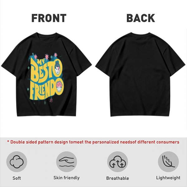 Olive graphic t-shirt with 'MY BESTO FRIENDO' anime character print