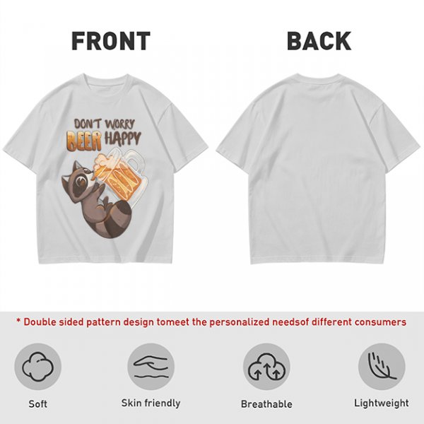 Oversized olive t-shirt with raccoon drinking beer graphic