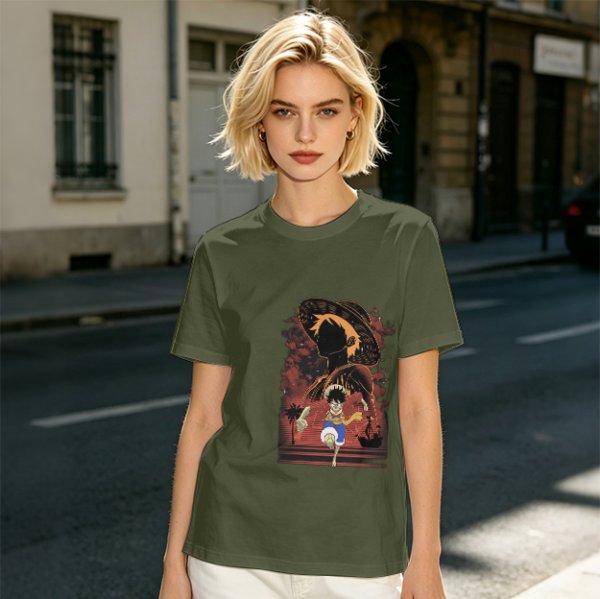 Olive Anime Graphic T-Shirt With Straw Hat Character Design