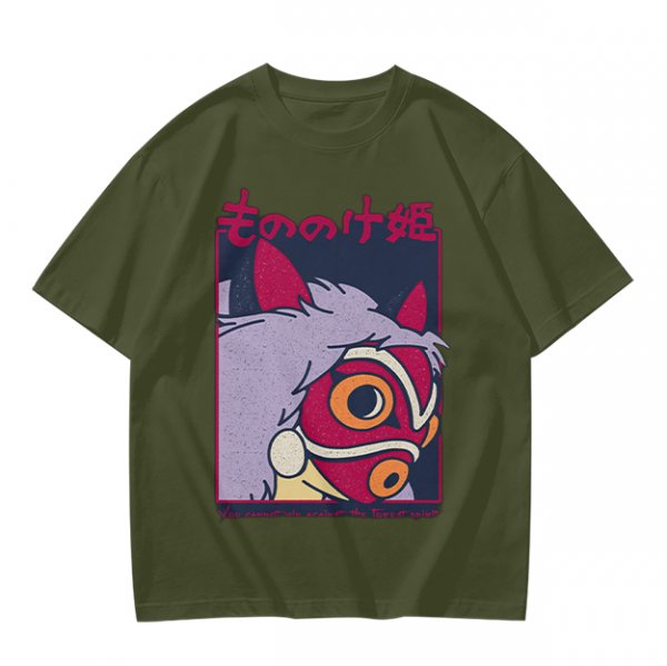 Olive T-shirt with Princess Mononoke Mask Graphic Print