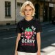 Olive graphic t-shirt with crying strawberry and 'berry stressed' text