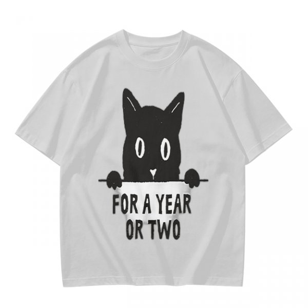 Olive graphic t-shirt with black cat holding 'for a year or two' text