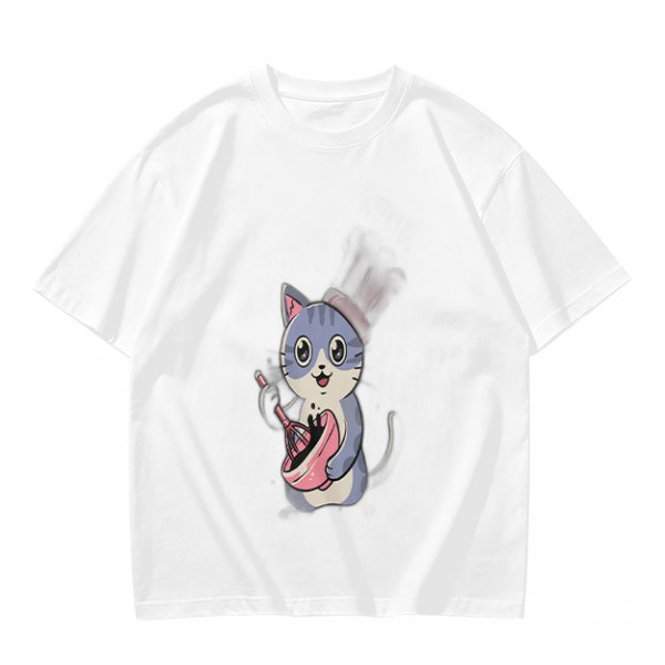 Olive Green T-Shirt With Cute Chef Cat Mixing Batter Print