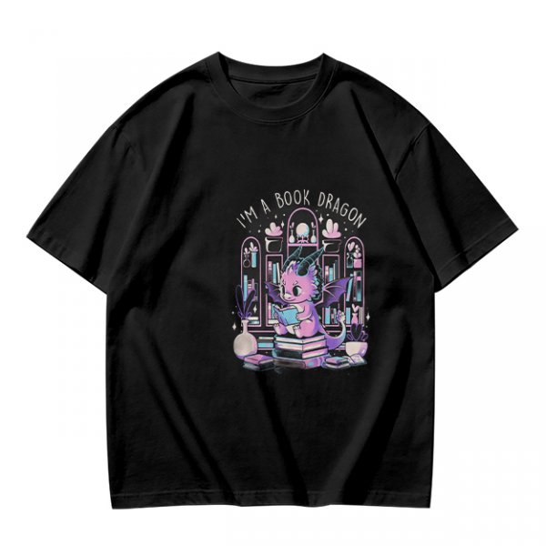 Olive t-shirt with cute book dragon reading design
