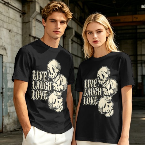 Olive Graphic T-Shirt with Live Laugh Love and Stacked Skulls
