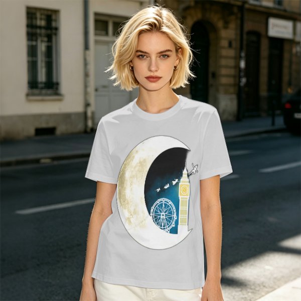 Olive T-Shirt with Crescent Moon London Skyline Flying Figures Print