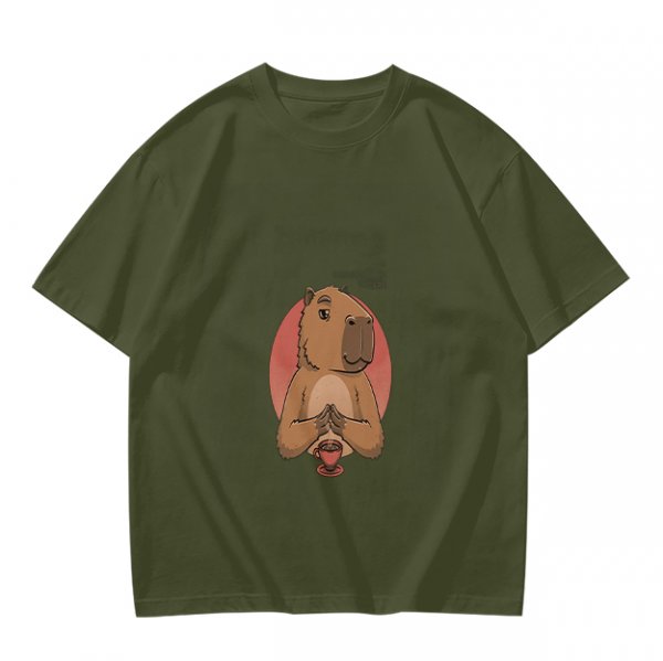 Olive Green T-Shirt With Cute Praying Capybara Graphic