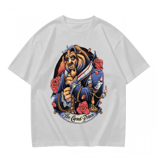 Olive T-shirt featuring The Cursed Prince Beast with roses and candelabra