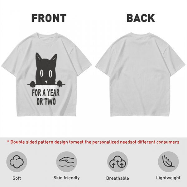 Olive graphic t-shirt with black cat holding 'for a year or two' text